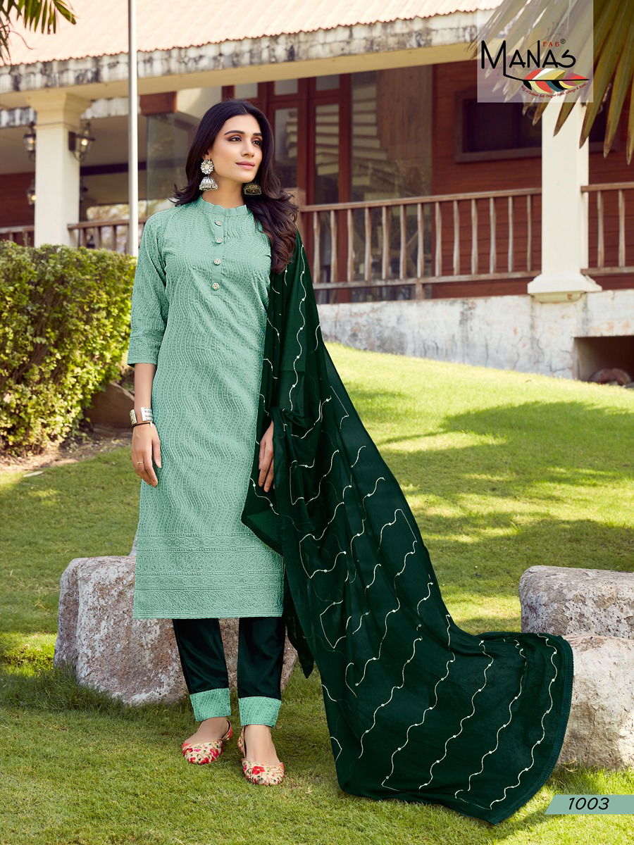 Manas Bombay Schiffli Designer Festive Wear Kurti With Pant And Dupatta Readymade Collection
